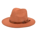 Detailed macro view of orange woven straw hat with brown leather belt and metal buckle - M (56-58cm) / Caramel color