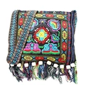 Ethnic bohemian crossbody bag in black fabric with colorful embroidery and tassels - Blue Large