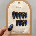 Handgefertigte, transparente schwarze Kunstnägel mit blauen Glitzer- und Silber-Schmetterlingen - Extra Klein (XS)