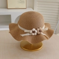 Kids straw sun hat with wavy brim, white lace ribbon, and dual-color crochet flowers - Set - Khaki