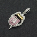 Detailopname van hiphop hanger met roze bezette tong en gouden dollarteken detail - Zilver (Roze Tong) Hanger Zonder Ketting