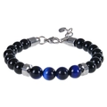 Vue détaillée des perles œil de tigre bleu 8mm et du fermoir en acier inoxydable du bracelet - Bracelet Oeil de Tigre Bleu Foncé