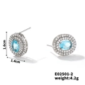 Detailed size view of silver halo earrings with blue oval crystal and cubic zirconia - Silver Light Blue Style (E02501-2)
