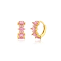 Detail of gold hoop earrings featuring marquise-cut pink zircon stones on white background - Marquise Flower Cluster Pink Hoops