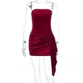 Detailed view of the red velvet strapless dress featuring elegant ruching and side drapes - S / Burgundy
