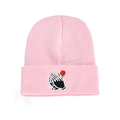 Pink knit beanie with embroidered praying hands and rose on a clean white background - One Size / Pink