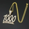 Goldene Hip-Hop-Halskette mit 1000-Anhänger, Krone und glitzernden Schmucksteinen - Goldener Nummer 1000 Anhänger mit 60CM Kordelkette