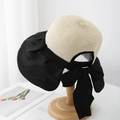 Beige woven straw sun hat with black large brim and a decorative bow tie back - Head Circumference 55-57cm (Adjustable) / Black (Vinyl Brim)