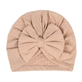 Elastic ribbed newborn baby hat with large bow decoration in cinnamon pink color - Light Coffee