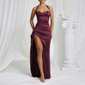 Detail of burgundy satin halter gown with sweetheart neckline and thigh-high side slit - XS / Burgundy