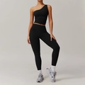 Ensemble de yoga noir deux pièces avec brassière asymétrique et legging taille haute - S / Haut Et Bas / Noir Premium (Haut+Legging)