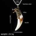 Men's acrylic wolf tooth pendant necklace with vintage alloy head and 70cm steel chain - Wolf Tooth No.9 + 70cm Steel Chain