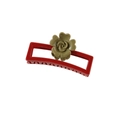 Rectangle hair claw clip with green rose flower accent on a red frame for women - Shiny Red