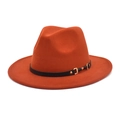 Close-up of caramel wool fedora hat featuring a black leather band and gold metal buckle - M (56-58cm) / Caramel color