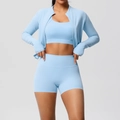 Ensemble de yoga bleu clair 3 pièces avec manches passe-pouce et short gainant - Bleu Ciel