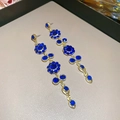Macro shot of gold tassel earrings with dark blue gems and floral vintage elements - 10# Silver Pin - Golden Blue Flower Hoop Long Style