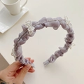 Elegant purple silk pleated headband with white pearl bow and sparkling rhinestone chain - 220539 Grey