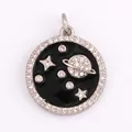 Silver round pendant with black enamel, zircon stars and Saturn planet design - Planet Theme-Silver
