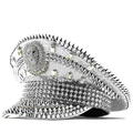 Gorra de capitán plateada con lentejuelas, tachuelas metálicas y un emblema de cabeza león - Ajustable (58cm) / Estilo de León con Lentejuelas Plateadas