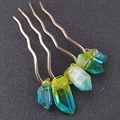 Four-tooth metal hair comb with blue-green gradient crystal stones and gold wire - Pink Green Crystal + Gold Comb