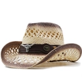 Chapeau de cowboy en raphia vintage avec dégradé et décoration de tête de taureau - Réglable / Beige Café