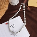 Double-layer pearl necklace with silver spider charm and red heart gemstone pendant - Silver Spider Red Heart Style (16# Necklace)