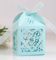 Close-up of laser-cut heart candy box in mint blue with elegant silk ribbon bow - Pearl Pale Blue