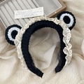 Handmade knitted black and white panda headband with elegant lace details and cute ears - Lace Style / Black