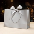 Elegant silver paper gift bag with matching ribbon bow on light wood surface - Silver-grey; Horizontal Extra Small Size 19*15*7 Ribbon Style