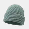 Detail view of the thick ribbed knit texture on a grey-green winter beanie hat - One Size / Bean Green