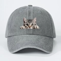 Donkergrijze gewassen baseballcap met grappige kattenprint voor dames en heren - Eén maat / Grijs