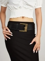 Detail view of wide black leather belt with large gold square buckle on a model - 5.8CM Wide / Black