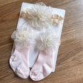 Pink ribbed socks and beige lace headband set with large white organza flowers - Off-white Flower Set