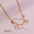 Collier en acier inoxydable doré avec pendentifs cœur, croix et perle baroque - Style Pendentif Perle Croix Piment Rouge (5#)