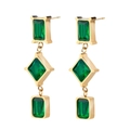 Detail of gold hanging earrings with three emerald green geometric crystals in a drop style - Green