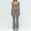 Set yoga grigio da donna con top corto a maniche lunghe e pantaloni a zampa a V - Taglia S / Top E Pantaloni / Top + Pantaloni a Zampa / Grigio Scuro
