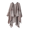 Women's houndstooth knit poncho shawl with geometric patterns in beige and brown tones - Houndstooth Border-Lotus Root Pink