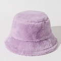 Close-up of soft purple faux fur texture on a warm winter bucket hat for women - One Size / Purple
