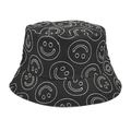 Dettaglio di sorrisi bianchi ricamati sul tessuto di tela nera di un cappello da pescatore - M (56-58cm) / Nero