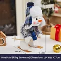 Blue plaid Christmas skiing snowman plush doll with wooden skis and sticks 27cm - Blue Plaid Skiing Snowman A