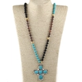 Bohemian style long beaded necklace featuring a vintage cross pendant on a jewelry neck model - Black Brown Beaded Style / 1-Black Brown Turquoise