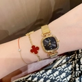 Elegant gold square watch for women with black dial and woven mesh steel strap - Gold Metal Strap Black Dial