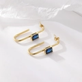 Minimalist gold geometric C-shaped earrings with rectangular deep blue zircon stone - Gold (Blue Rhinestone)