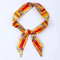Bright yellow skinny twilly scarf with vintage chain patterns and geometric color blocks - X34-Multi