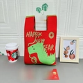 Red knit tote bag with green cartoon dragon and Happy New Year jacquard pattern - Red Green Dragon