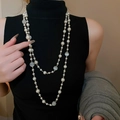 Close-up of double-layer necklace with white pearls and opal on a black turtleneck - Double Layer Pearl Style(HN3770) / 2# Necklace-Gold-White