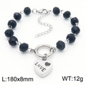 Schwarzes Perlenarmband mit silbernem Herzanhänger LOVE Gravur und 180x8mm Größenangabe - Schwarz Stahl
