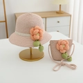 Süßes rosa Strohhut- und Umhängetaschen-Set für Mädchen mit 3D-Blumendekor - 54cm (Empfohlen 2-10 Jahre) / Hut und Tasche Set / Rosa