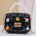 Black mini jelly crossbody bag with pearl handle and colorful 3D floral patches - With Random Patches / Black