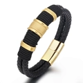 Men's double-layered black braided leather bracelet with golden magnetic clasp - Black/Gold Clasp